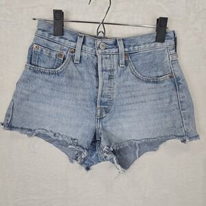 Levi's 501 Jean Shorts Cutoffs Raw Hem Size 24 Light Blue 100% Cotton Button Fly